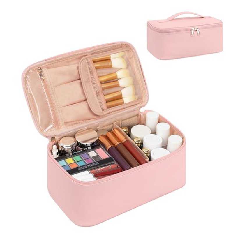 OCHEAL Makeup Bag, Travel Makeup Bag Waterproof Cosmetics Organizer Make Up Bag Case,Toiletry Bag for Women,Large Capacity for Girls Daily Use Dorm Room Storage with Dividers -Pink