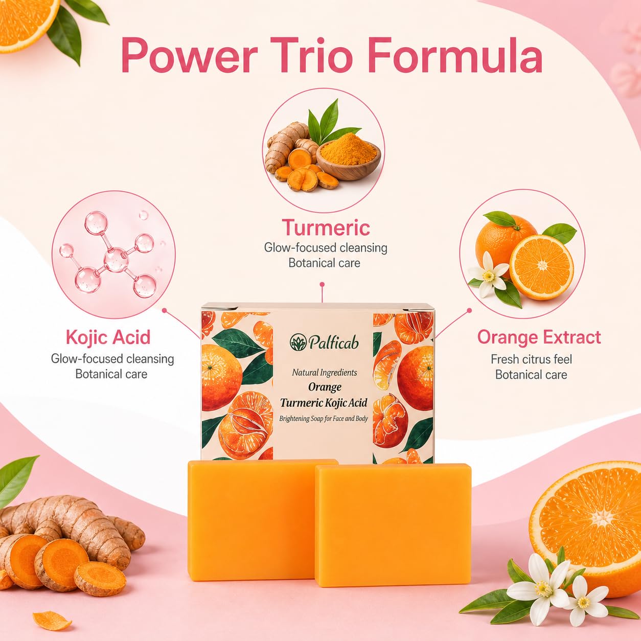 PALFICAB Kojic Acid Turmeric Soap for Dark Spots, 2 Bars with Foaming Net