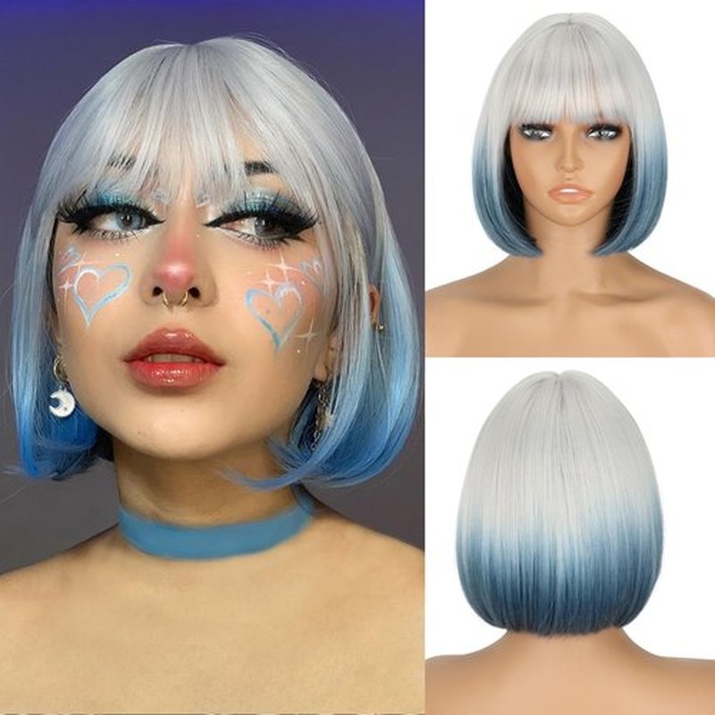 WERD Short Blue Bob Wig for Women Blue Wig with Bangs Synthetic Hair Light Blue Bob Wig for Daily Party Cosplay（Grey to Blue）