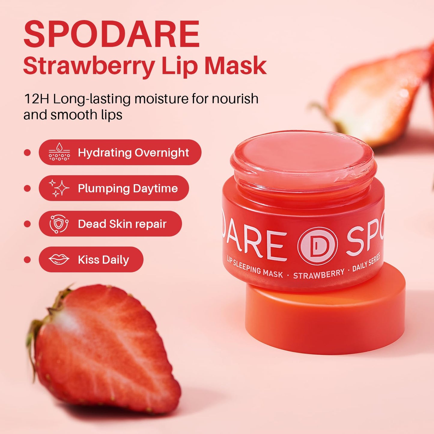 SPODARE Sleeping Lip Mask Strawberry - Overnight Lip Treatment, Lip Care Hydration, Repair for Dry Cracked Lips, Vitamin C, Soft and Nourished Lips Overnight, Christmas, with Shea Butter - 12g