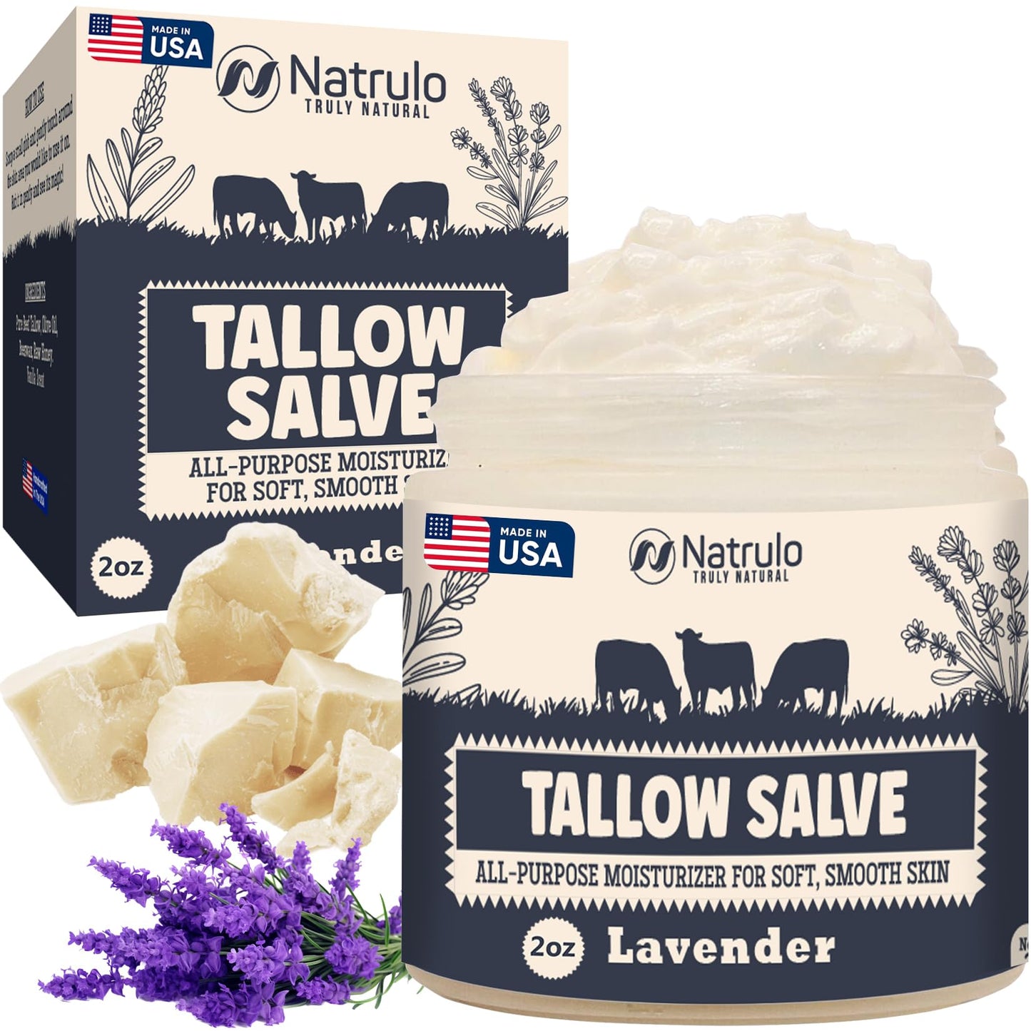 Beef Tallow Salve – All Natural Grass Fed Beef Tallow & Honey All Purpose Balm – Moisturizing Body Salve Great for Eczema, Cracked, Dry, Itchy, Irritated Skin – Skin Repair Skincare Made in USA