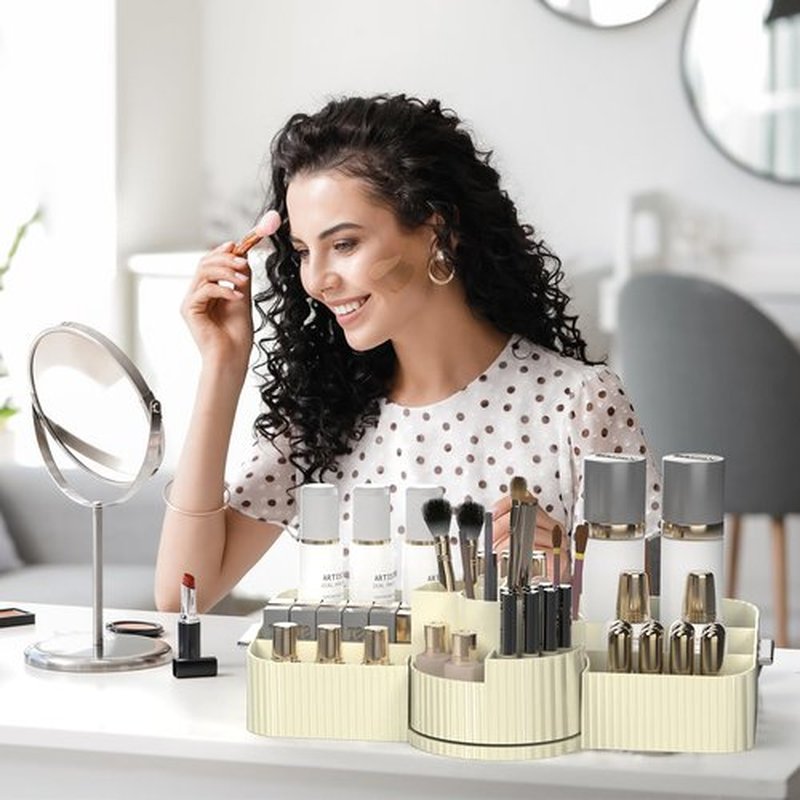 Aieyaki Rotating Makeup Organizer Cosmetic Display Case, Used for Vanity Makeup Brushes, Lipstick, Perfume and Various Skin Care Products - Spacious and Fashionable Storage Solution (Creamy White)