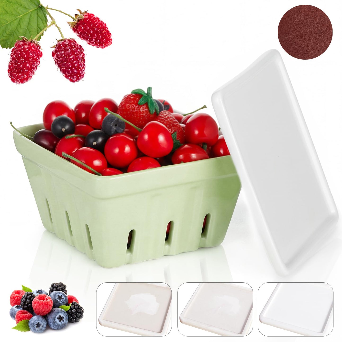 LemonRoad 3 Pcs Ceramic Berry Basket, 5.7" Square Fruit Bowl Colander Container with 1 Coaster 1 Sandpaper for Strawberry Grape Farmhouse Kitchen Decor, Summer BBQ Party Supplies(Light Green)