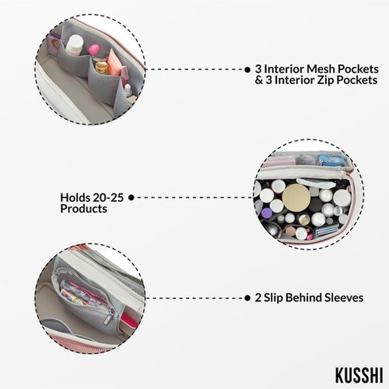 KUSSHI Neoprene Train Case Makeup Bag - Washable Makeup Travel Bag & Vanity Case for Stress Free Travel (Large, Mauve/Stone)
