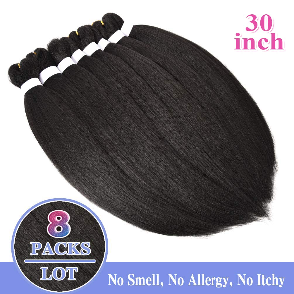 8 Pack Pre Stretched Braiding Hair - 30" 100G/Pack Premium Braiding Hair Pre Stretched Extensions, Professional Itch Free Hot Water Setting Perm Yaki Texture Prestretched Braiding Hair (#1B)