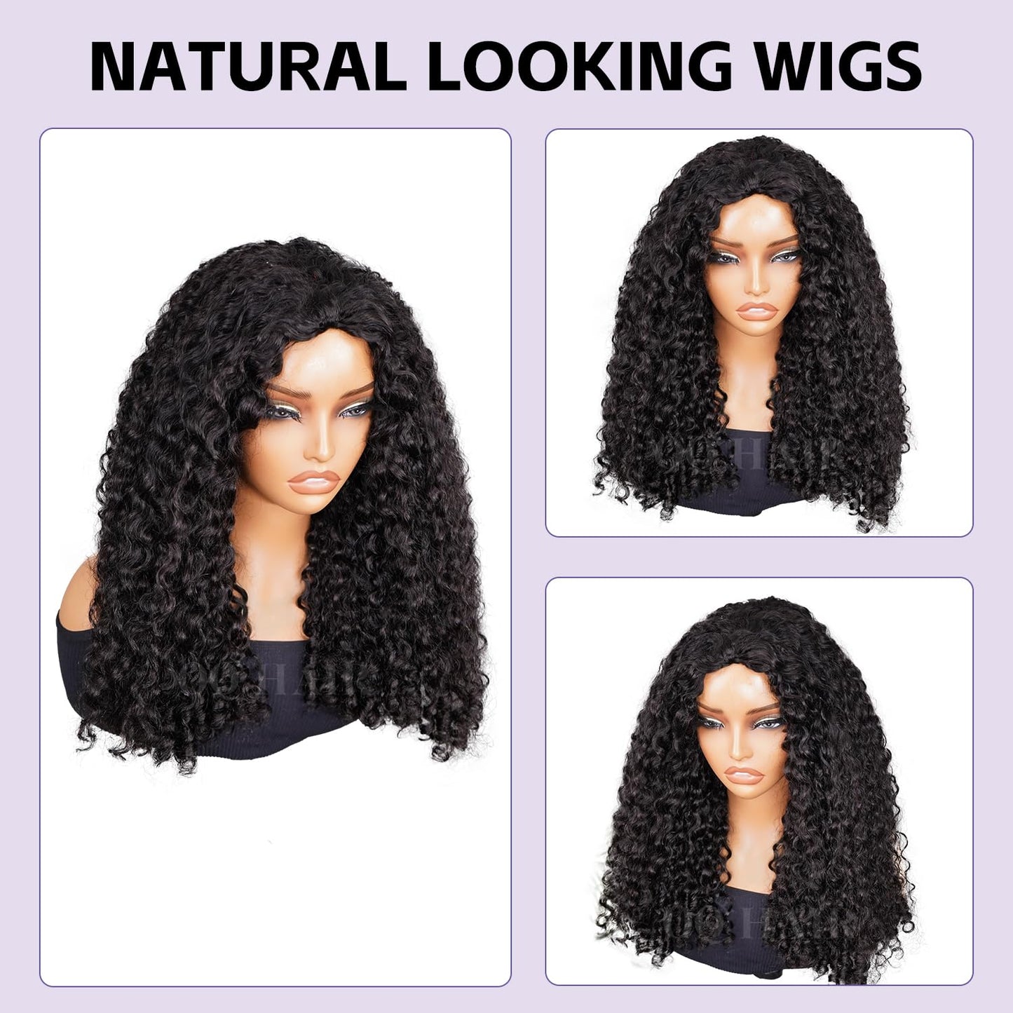 OQ HAIR Burmese Curly Half Wig Human Hair Beginner Friendly 3 In 1 Seamless Flip Over Headband Wig 180% Density Glueless Elastic Drawstring Wear and Go Wig for Women 22 Inch