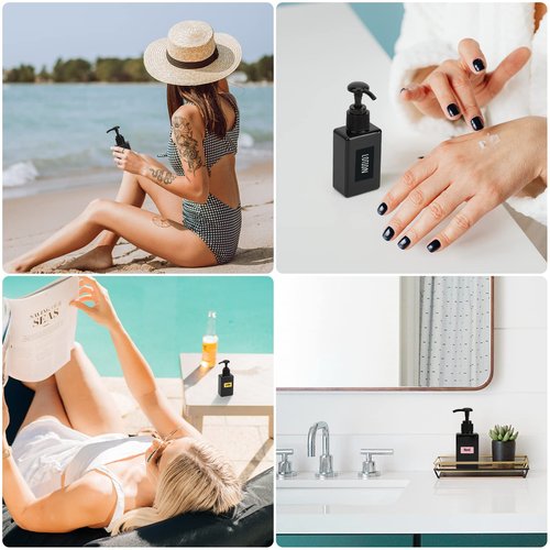 Segbeauty Black Plastic Square Shower Dispenser, 4pcs 3.4oz Empty Hand Soap Bottles with Label, 100ml Refillable Press Pump Portable Lotion Dispenser Liquid Container for Travel Bathroom Hotel Kitchen