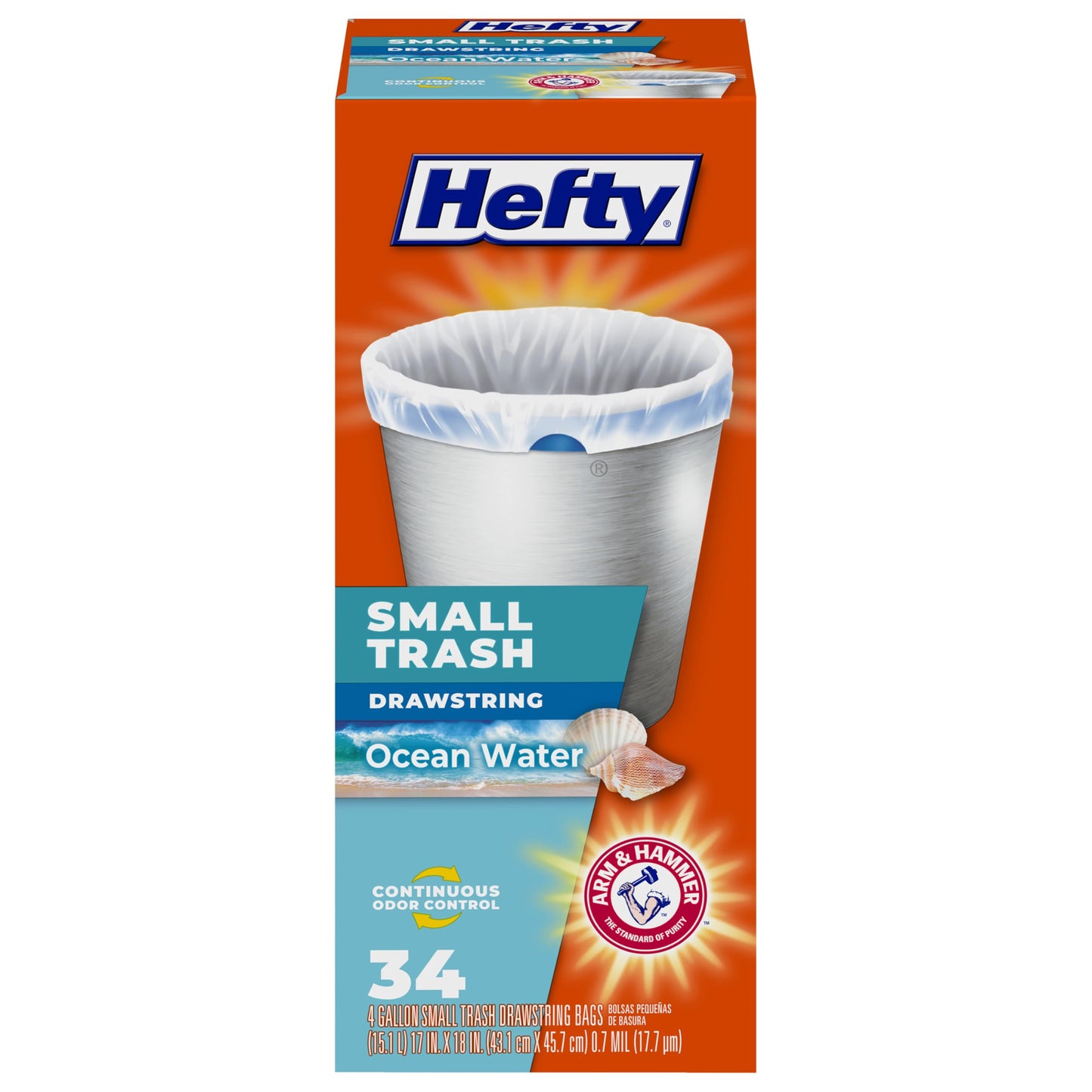 Hefty Small Trash Bags, Ocean Water Scent, 4 Gallon, 34 Count