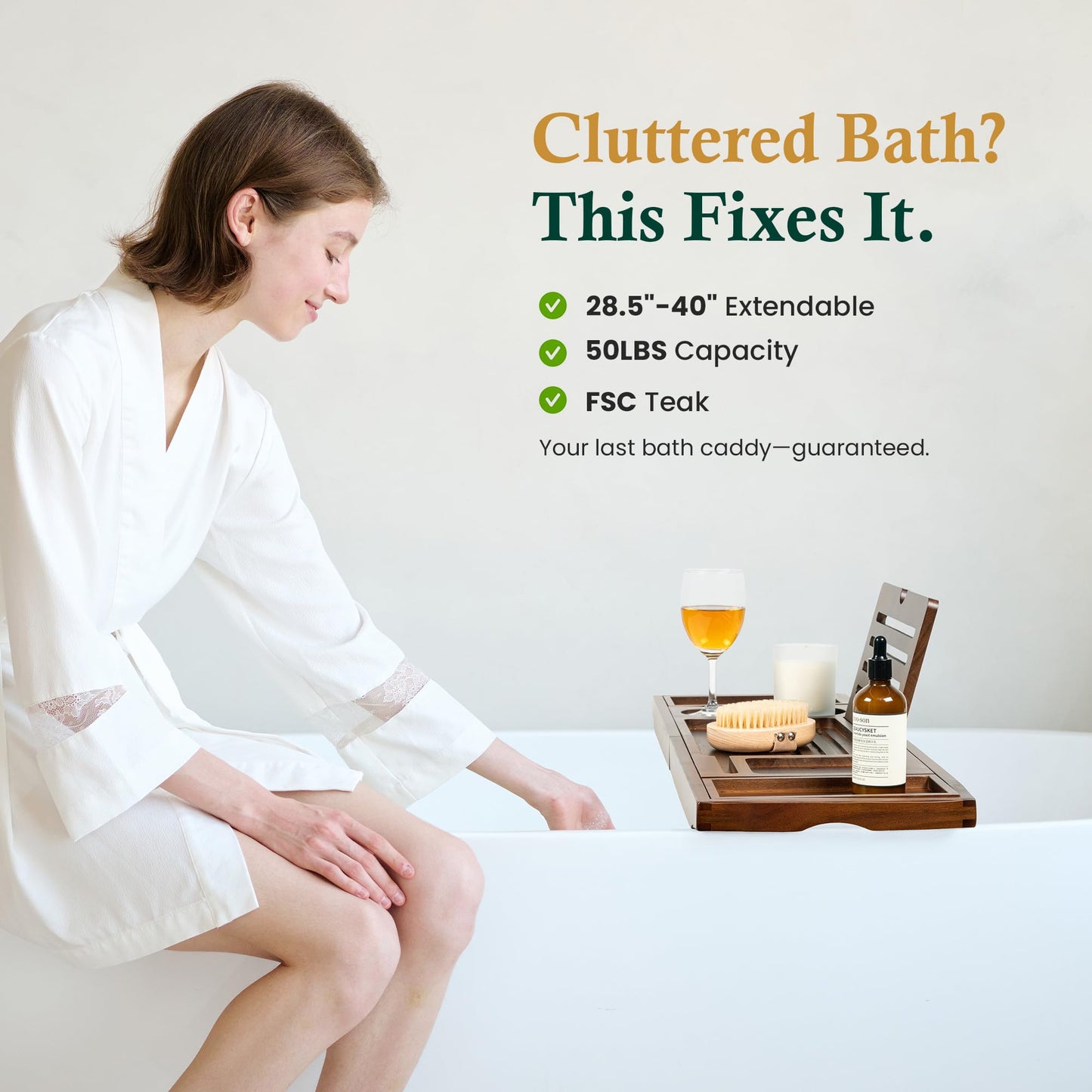 Realgulf Teak Bathtub Tray, Bath Caddy with Wine Glass Holder, Phone Dock & Book Stand | Hands-Free Reading & Ultimate Spa Relaxation Experience-Brown
