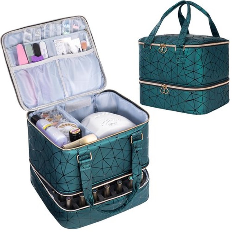 Uross Nail Polish Organizer Bag Holds 42 Bottles Nail Polish & Nail Lamp, Gel Nail Polish Organizers and Storage box for Nail Tech, Nail Kit Supplies Organizer Case - Darkgreen