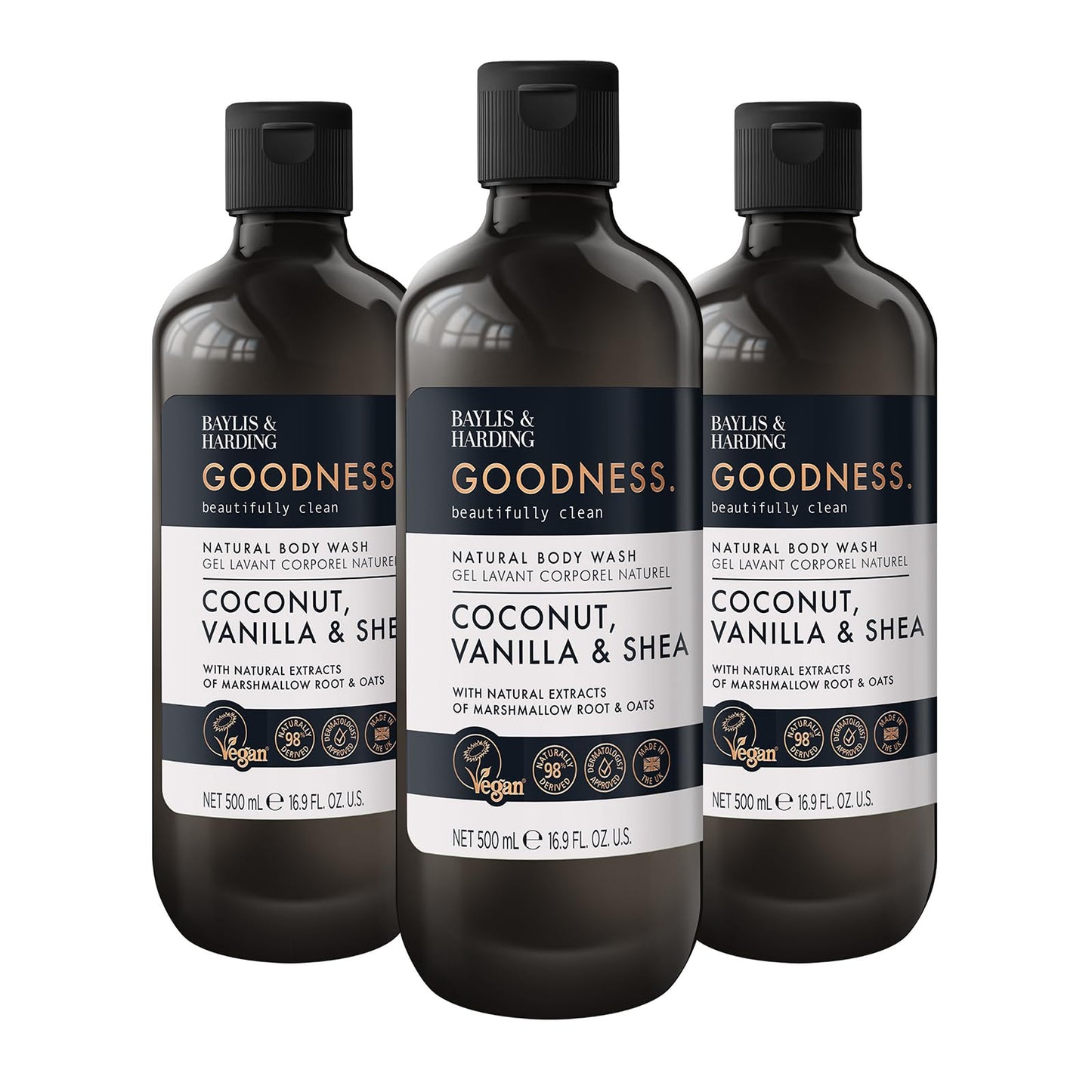 Baylis & Harding Goodness Coconut, Vanilla & Shea Natural Body Wash 16.9Fl.oz, Pack of 3 - Biodegradable Formula