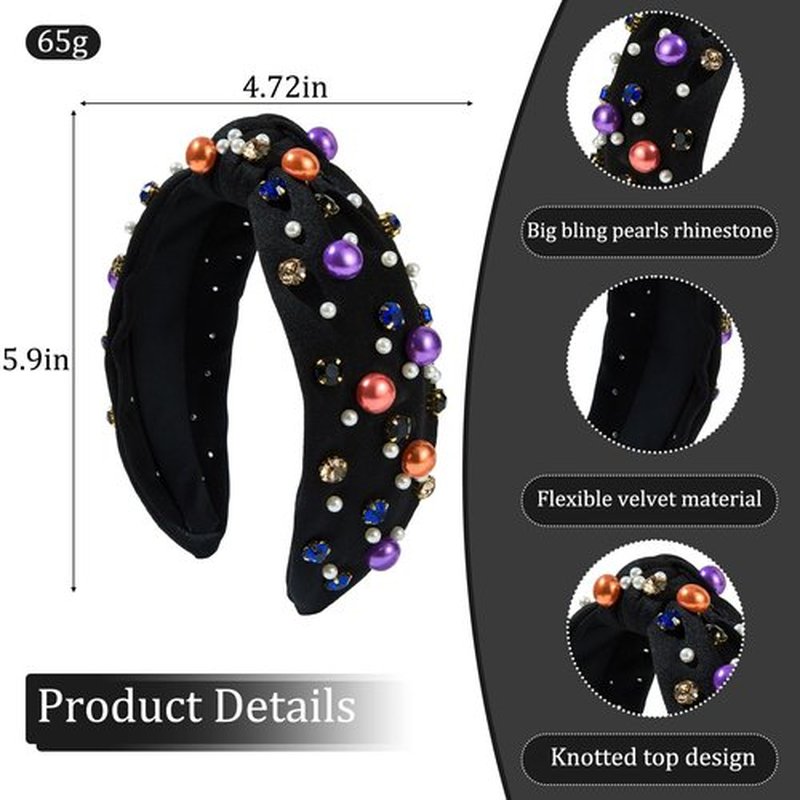 Mdscve Halloween Head Bands for Women's Hair Knotted Headband With Pearl Rhinestone Hair Bands for Women's Hair Non Slip Wide Top Girls Headbands Crystal Beaded Headwear Halloween Accessories (Black)