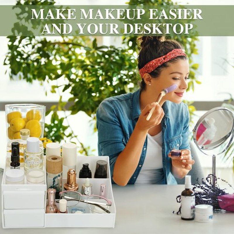 POFUOT skin care organizer,Makeup Desk Organizer With Drawers,Countertop Organizer for Cosmetics,Vanity brush with Holder for Lipstick, Brushes, Eyeshadow, and Desktop (Large-White)