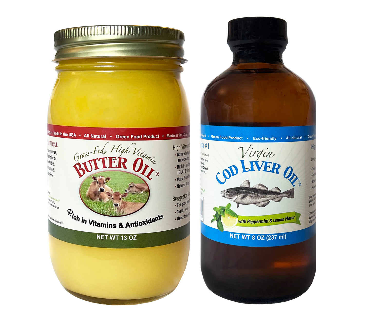 High Vitamin Butter Oil, (13 Oz) & Virgin Cod Liver Oil, High in Vitamin D, Omega 3 DHA/EPA (8 Oz; Mild Lemon & Peppermint Flavor)