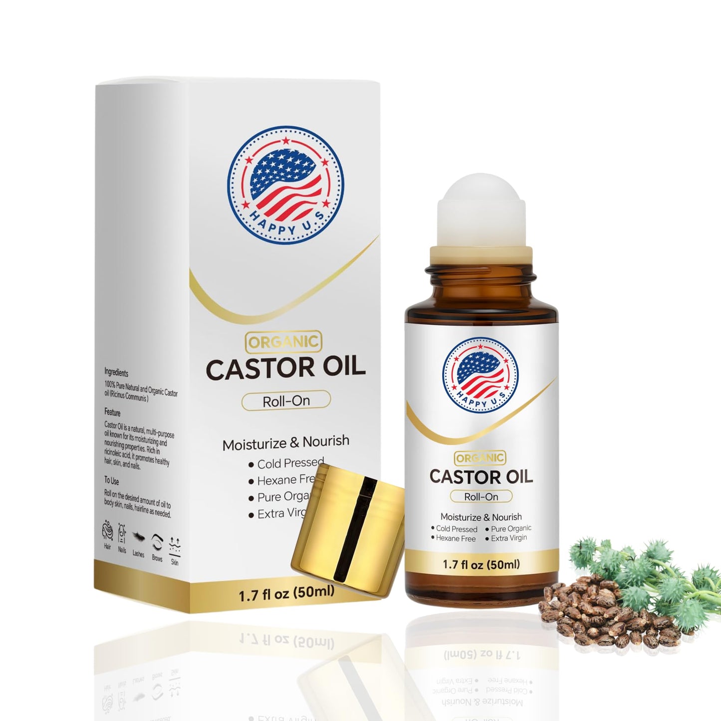 Happy U.S Organic Castor Oil Roll On For Face and Body, Cold Pressed, 100% Pure Hexane Free Castor Oil, Unrefined - Stimulate Hair Growth, Moisturize Skin, Wrinkles Dark Circles Beauty Rollerball