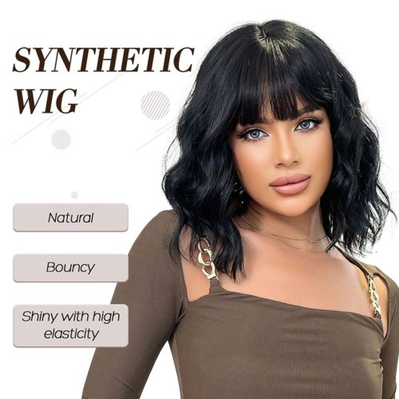 Allbell Black Wigs for Women Short Wavy Bob Wig with Bangs for Women Synthetic Short Curly Wave Wigs Heat Resistant Fiber Hair Wigs for Daily
