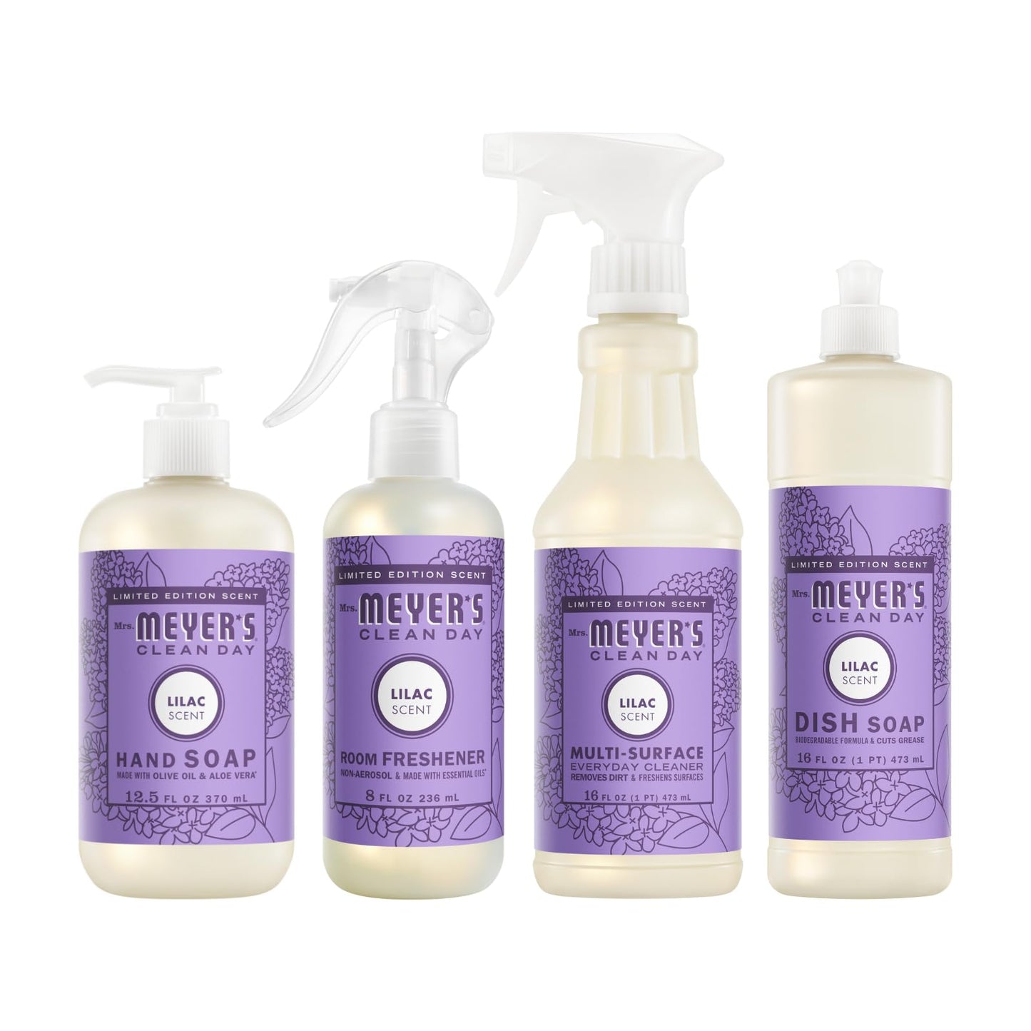 Mrs. MEYER'S Variety, 1 Room Freshener, 8 OZ, 1 Liquid Dish Soap, 16 OZ, 1 Liquid Hand Soap,12.5 OZ, 1 Multi-Surface Cleaner 16 OZ, 1 CT (Lilac)