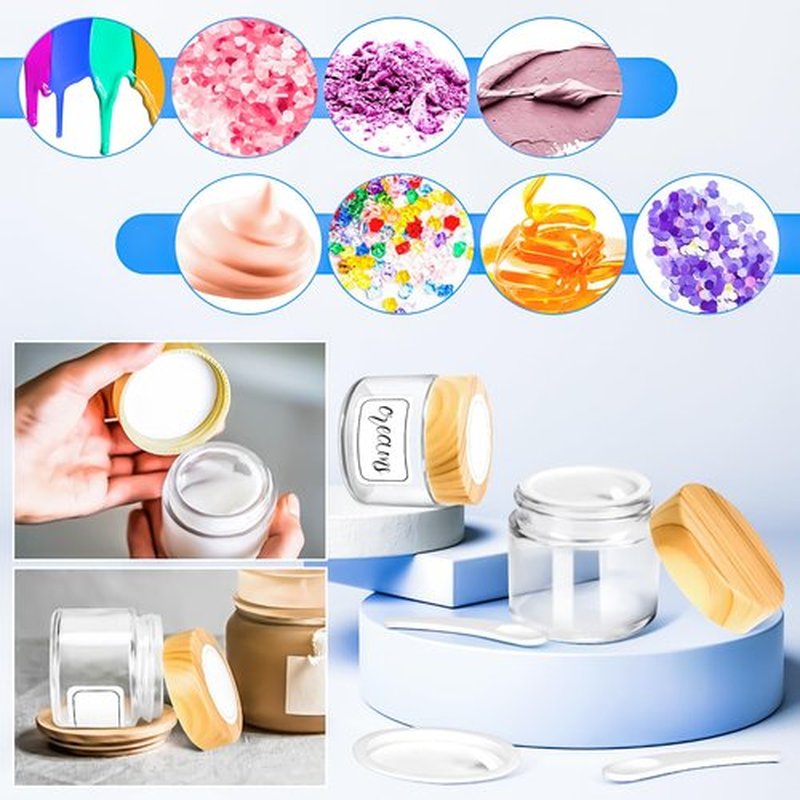 MotBach 4 Pack 2oz Glass Jars with Lids 60ml Mini Round Clear Glass Jars with Inner Liners and Spatulas, Travel Size Containers Jars for Toiletries Creams Cosmetic Makeup Sample Lotion (Woodgrain Lid)