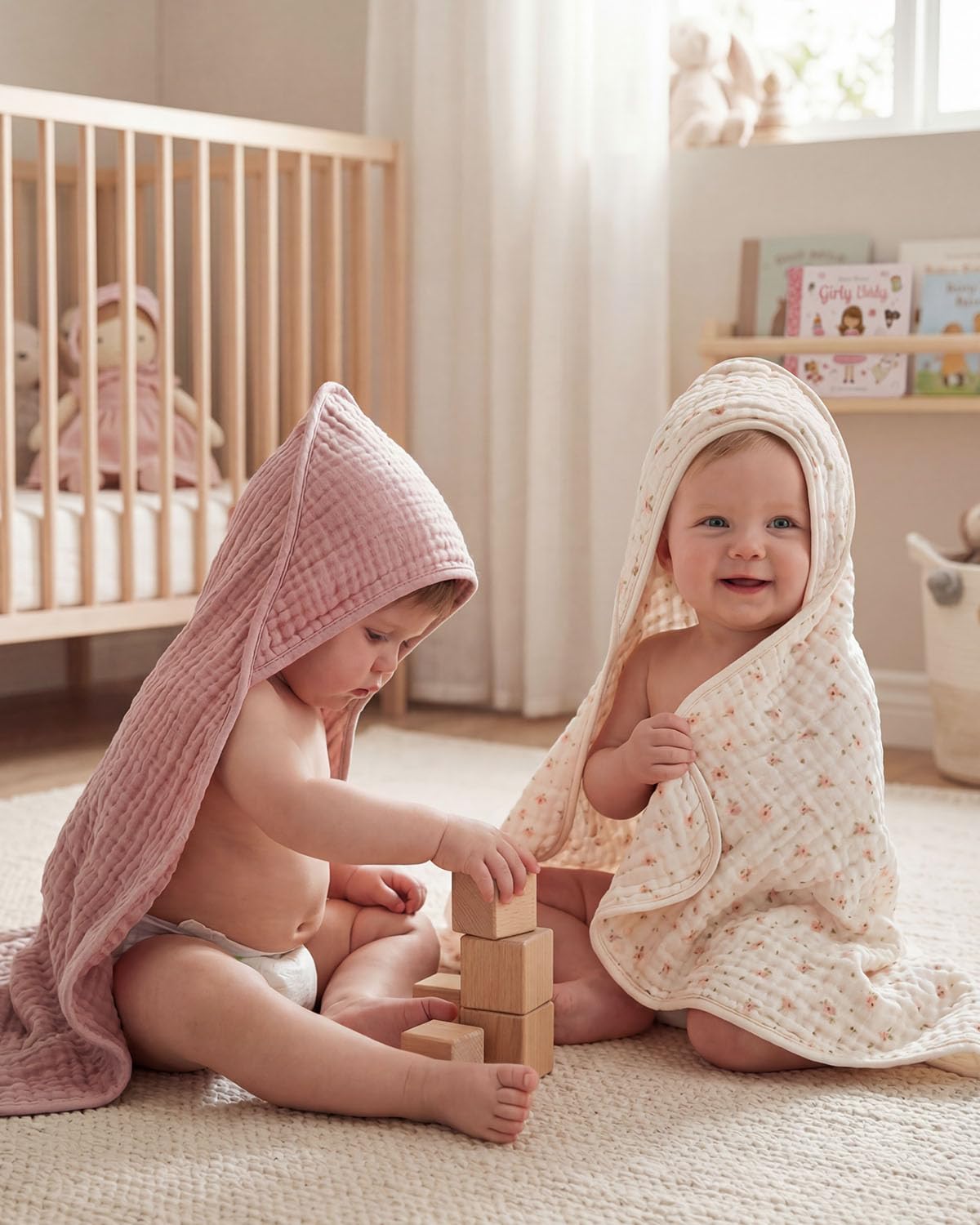 Blissful Diary Muslin Baby Hooded Towel 2 Pack, Soft & Absorbent Bath Towel for Baby Girls, Infant Gift, Newborn Essentials, Pink Floral & Light Pink