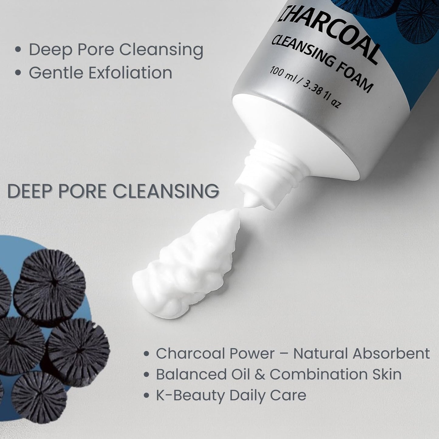 CONSLY Charcoal Face Wash – Pore Cleanser for Oily & Combination Skin, Helps Reduce Blackhead Appearance, Oil Control, Gentle Exfoliating Foam, Korean Skincare 100ml