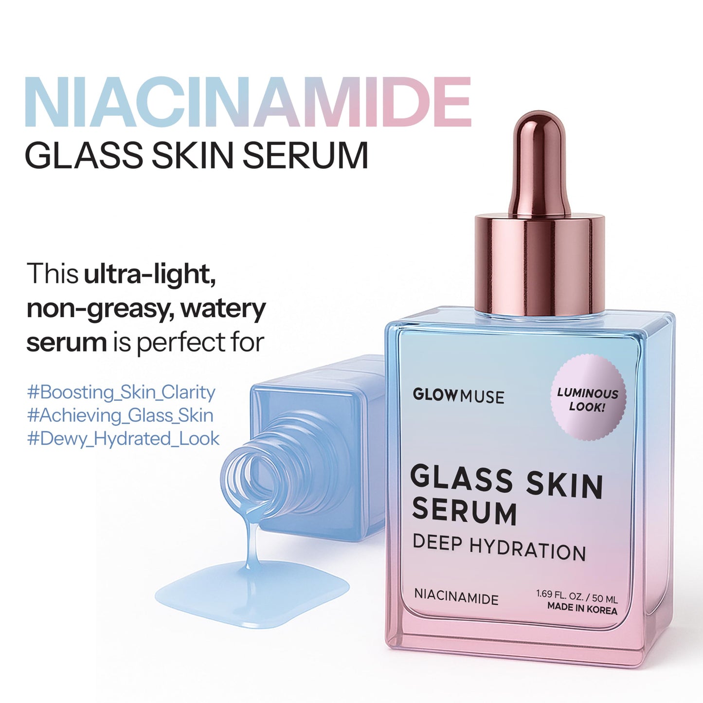 Glow Muse Niacinamide Face Serum – Dermatologist Tested, Anti-Aging, Korean Skin Care – Deep Hydration for Glass Skin, Calms Redness, Refines Pores – Clean Vegan Beauty – 1.69 Fl Oz