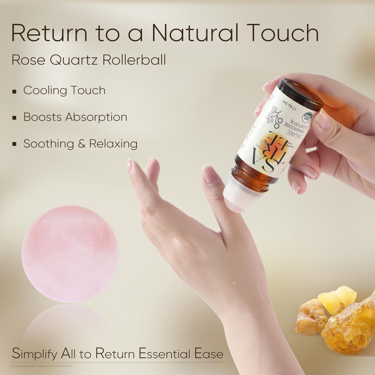 Organic Castor & Frankincense Oil Roll-On with Rose Quartz Roller 1.7 Fl Oz