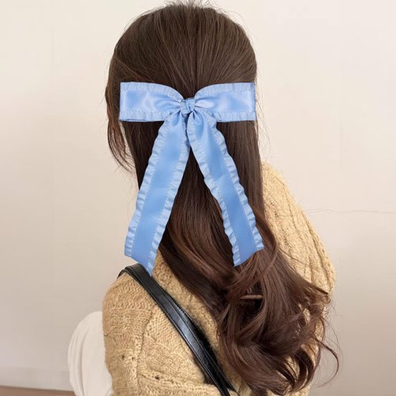 2Pack Hair Bows for Women Girls, Big Silky Satin Ruffle Tassel Hair Ribbon Bowknot Hair Clips Barrettes Wedding Hair Accessories for Bridal with Long Tail Set Red,Antique Blue