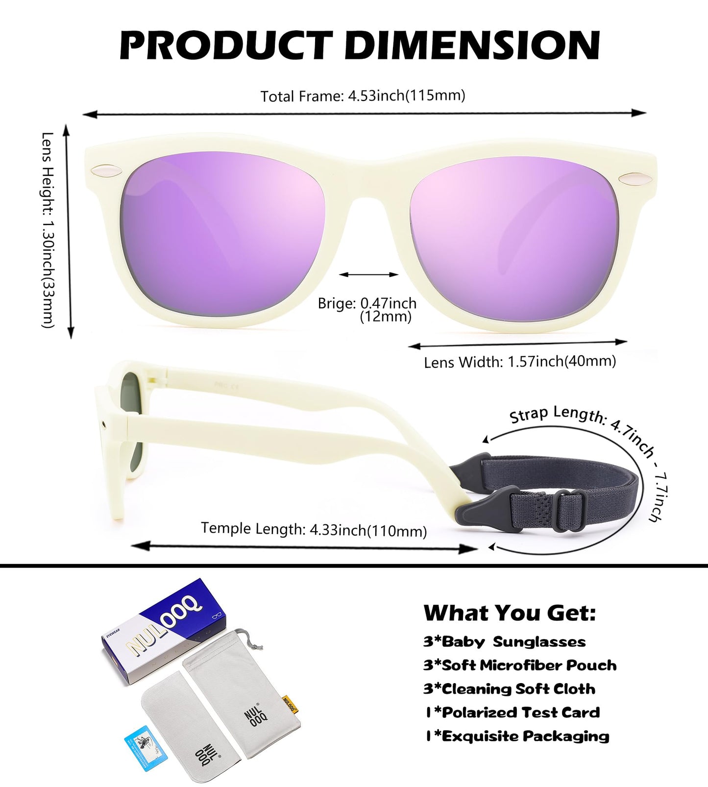 NULOOQ Polarized Baby Sunglasses with Strap - Unbreakable Flexible Infant Sunglasses for Toddlers Age 0-24 Months (Purple Pink/Gray + Pink/Pink + White/Purple) - 3 Pack