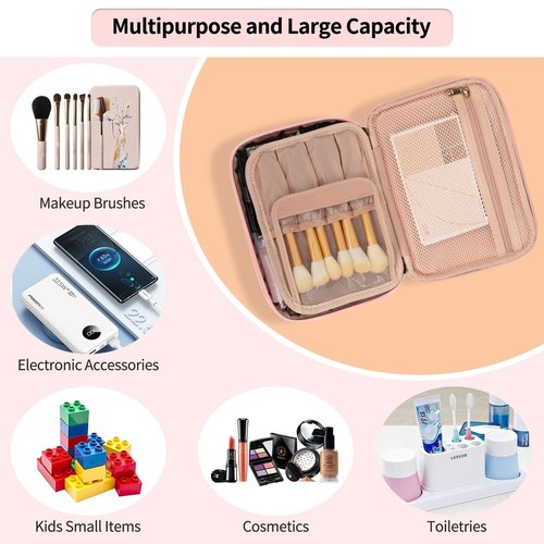 OCHEAL Makeup Bag, Potable Make up Bag Cute Makeup Organizer Bag for Toiletry Cosmetics Accessories with Divider and Brushes Compartments, Makeup Travel Case Cosmetic Bags Women and Girls-Pink