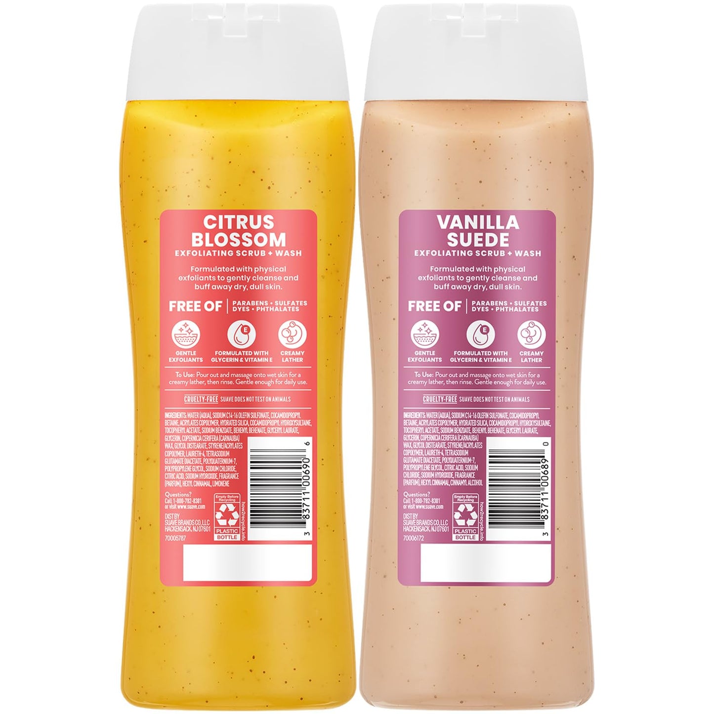 Suave Exfoliating Scrub + Wash Variety 2-Pack – Citrus Blossom & Vanilla Suede, Sulfate-Free Body Wash Set, 18 Oz Ea