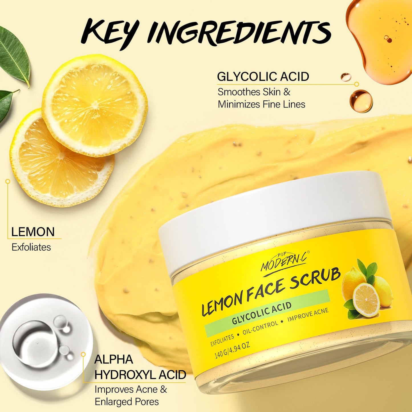 Lemon Face Scrub with Glycolic Acid Microdermabrasion Facial Scrub AHA Exfoliating for Women Men Safe Vegan Improves Acne Blackheads Soft Soothing without Irritation