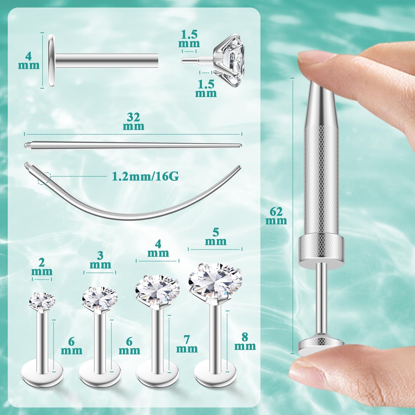 16G Flat Back Stud Earrings for Women Men Set - Hypoallergenic Surgical Steel Internal Thread Tragus Helix Cartilage Conch Nose Piercing Jewelry - Be Equipped With Piercing Ball Grabber Tool (Silver)