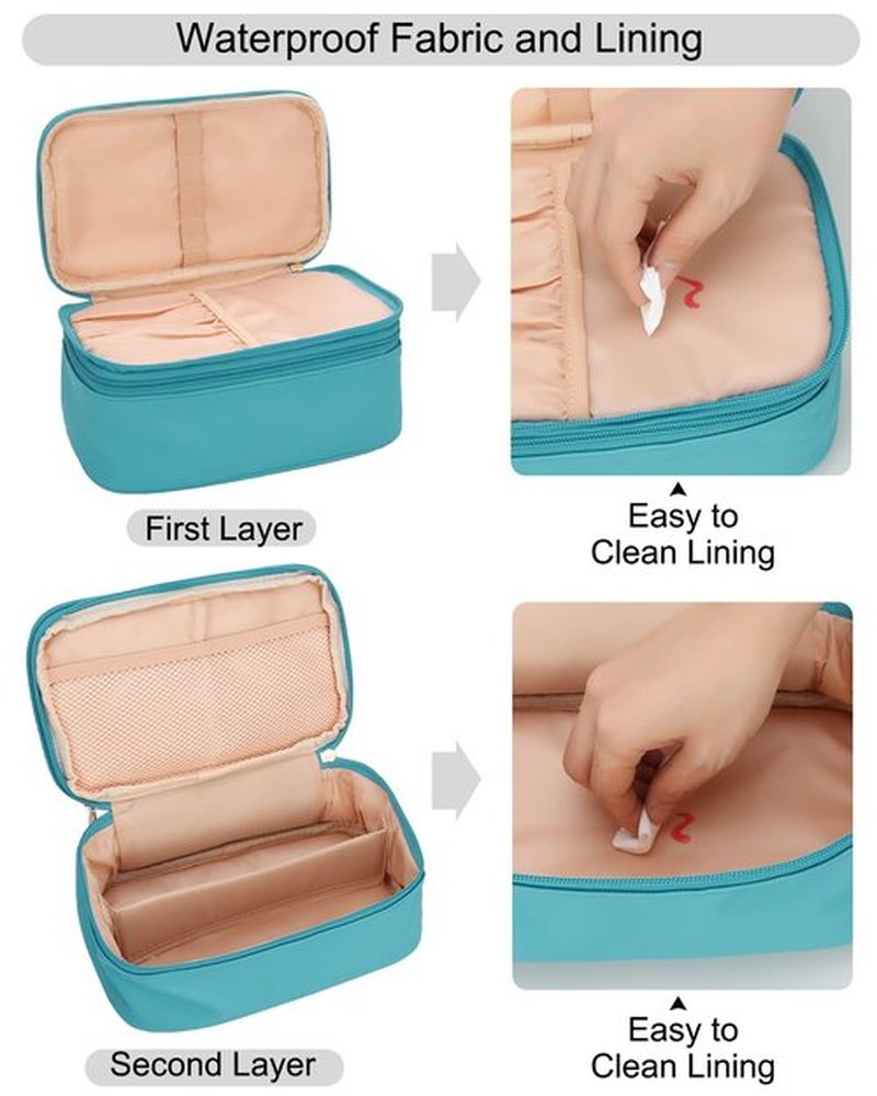 Relavel Travel Makeup Bag, Compact Cosmetic Bag for Women, Waterproof Makeup Brush Holder Organizer with Adjustable Dividers (Blue)
