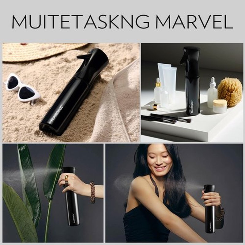 FLAIROSOL Spray Bottle for Hair, Continuous Spray Bottle with 0.3MM Ultra Fine Mist, Water Mister Spray Bottle for Hairstyling, Cleaning, Plants, Pets, 10.1oz/300ml, Black Bottle, White Print