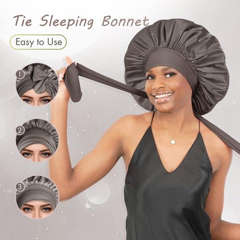 BONNET QUEEN Large Satin Bonnet Silk Bonnet for Sleeping Women Hair Bonnet Big Bonnet Night Sleep Cap Scarf Wrap for Curly Hair with Tie Band Grey Brown