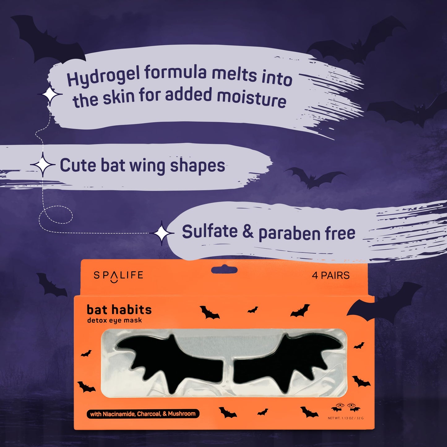 SpaLife Beauty Halloween Hydrogel Under Eye Patches | Eye Patches for Dark Circles | Halloween Gifts for Women | Cooling Undereye Patches for Puffy Eyes with Niacinamide, Charcoal & Tremella | 8 Pairs