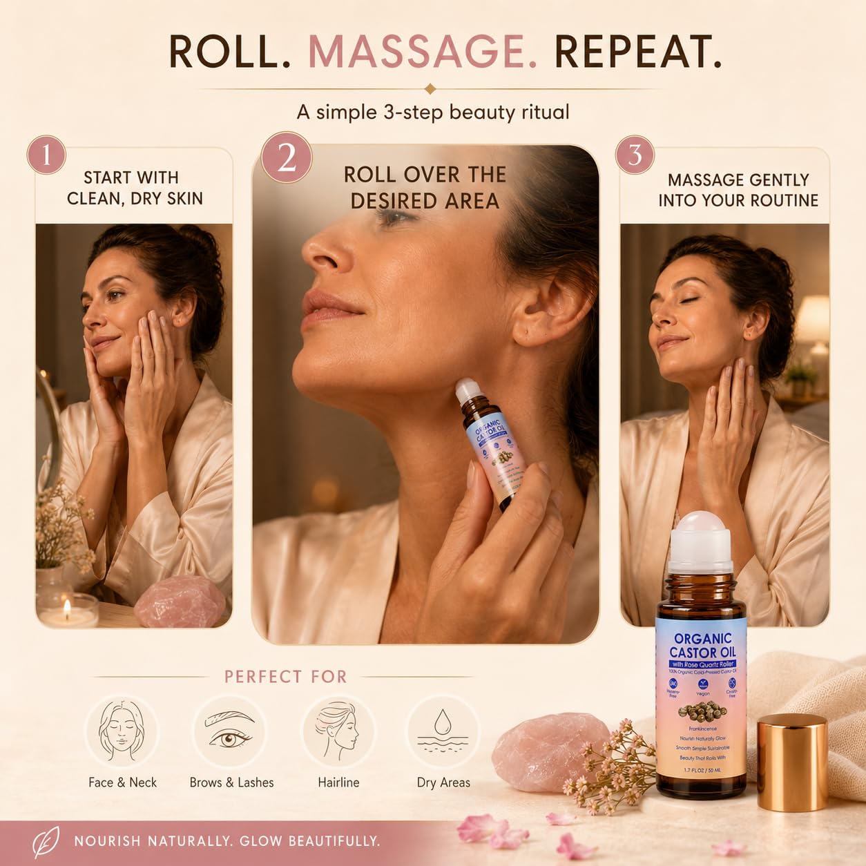 TOGOLIUN Organic Castor Oil Roll On with Rose Quartz Roller Ball, Cold-Pressed Hexane-Free, 100% Pure, Unscented Golden Castor Oil for Face, Neck, Brows, Lashes & Body, Unscented, 1.7 Fl Oz