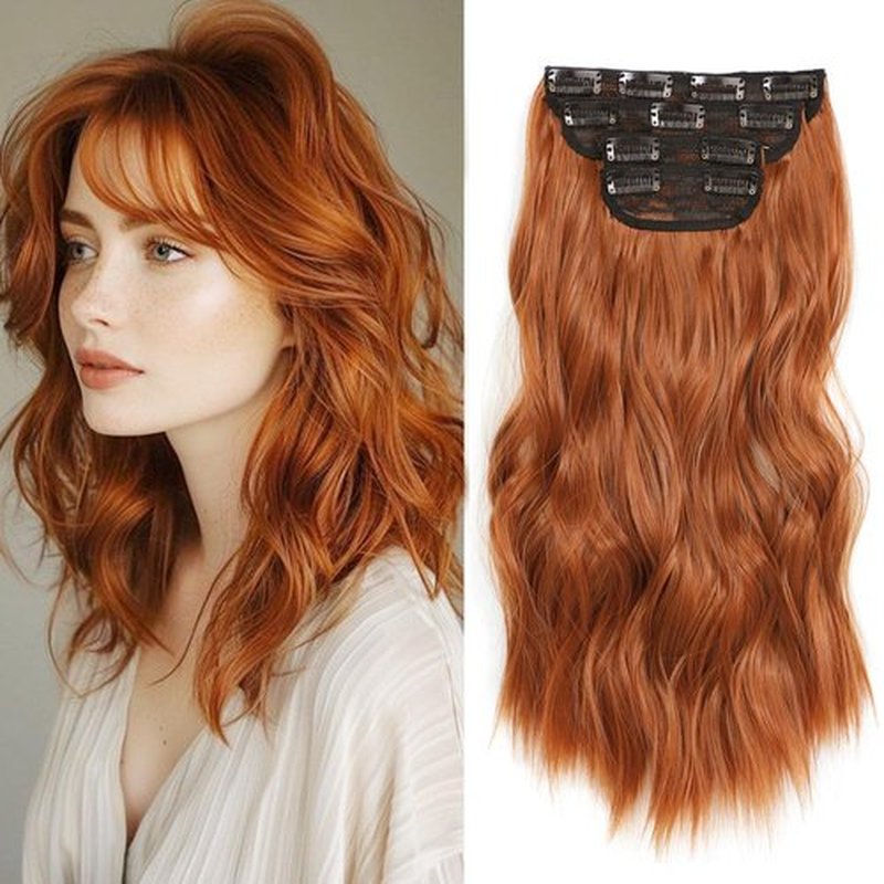 Clip In Hair Extensions Short Wavy Hair Extensions 4PCS Copper Red Clip Ins for Women Soft and Natural Synthetic Hairpieces 16inch