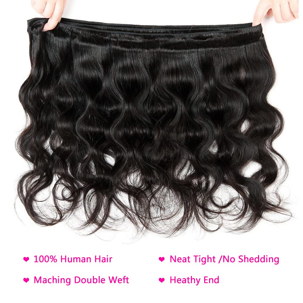 Selina Brazilian Body Wave Hair 3 Bundles With Free Part Closure Brazilian Virgin Human Hair 12A 100% Unprocessed Brazilian Hair Lace Closure Natural Black (10"12"14" with 8" Closure, Body 3+1)