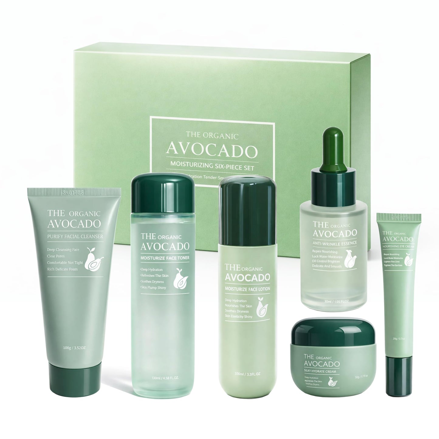 Avocado Skincare Set for Women, 6-Piece Facial Care Kit with Cleanser, Toner, Serum, Lotion, Cream & Eye Cream, Hydrating Moisturizing Gift Set for Teens & Girls