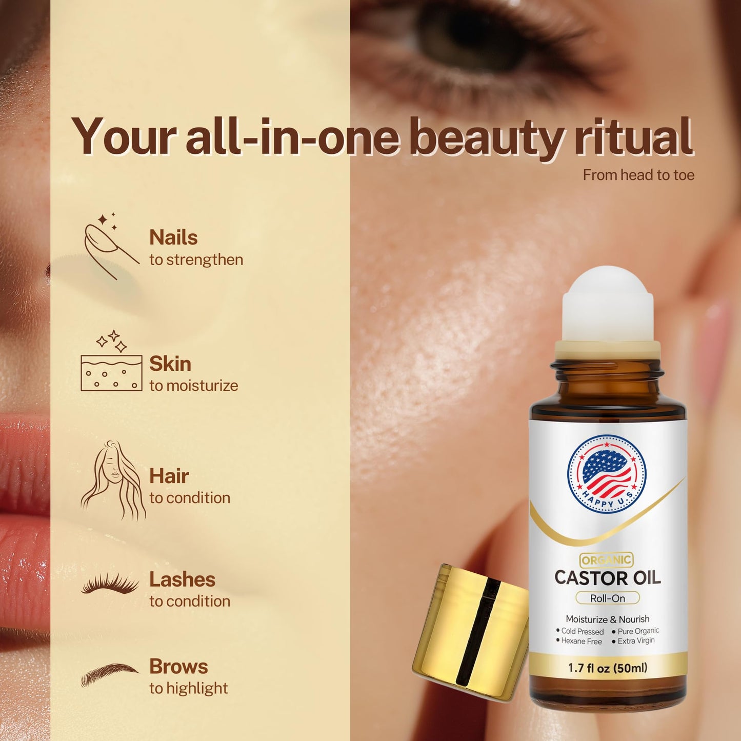 Happy U.S Organic Castor Oil Roll On For Face and Body, Cold Pressed, 100% Pure Hexane Free Castor Oil, Unrefined - Stimulate Hair Growth, Moisturize Skin, Wrinkles Dark Circles Beauty Rollerball