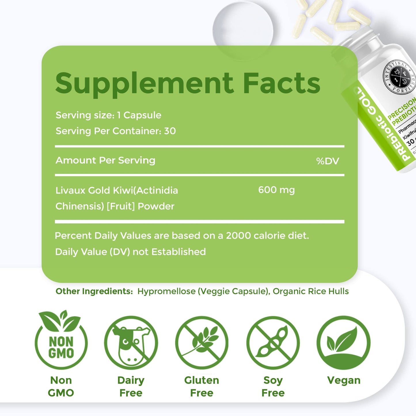 Intestinal Fortitude PREbiotic Gold: Kiwifruit Fiber, Butyrate & Prebiotic Restore Supplement to Support the Gut, Immune & Digestive Support, Anti-Bloating & Leaky Gut Repair, Dairy-Free Capsules