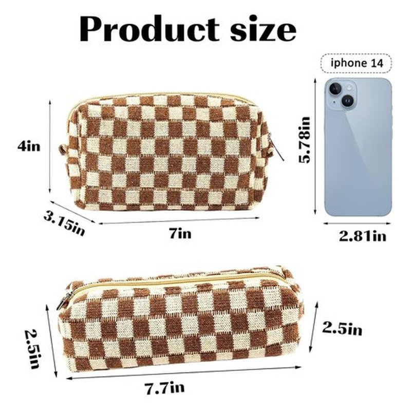 ZLFSRQ 2Pcs Checkered Makeup Bag for Women Pencil Pouch Travel Small Cosmetic Bag Set Cute Makeup Pouch Purse Pencil Case Pencil Bag Zippered Toiletry Bag Organizer Preppy Trendy Storage Bag(Brown)