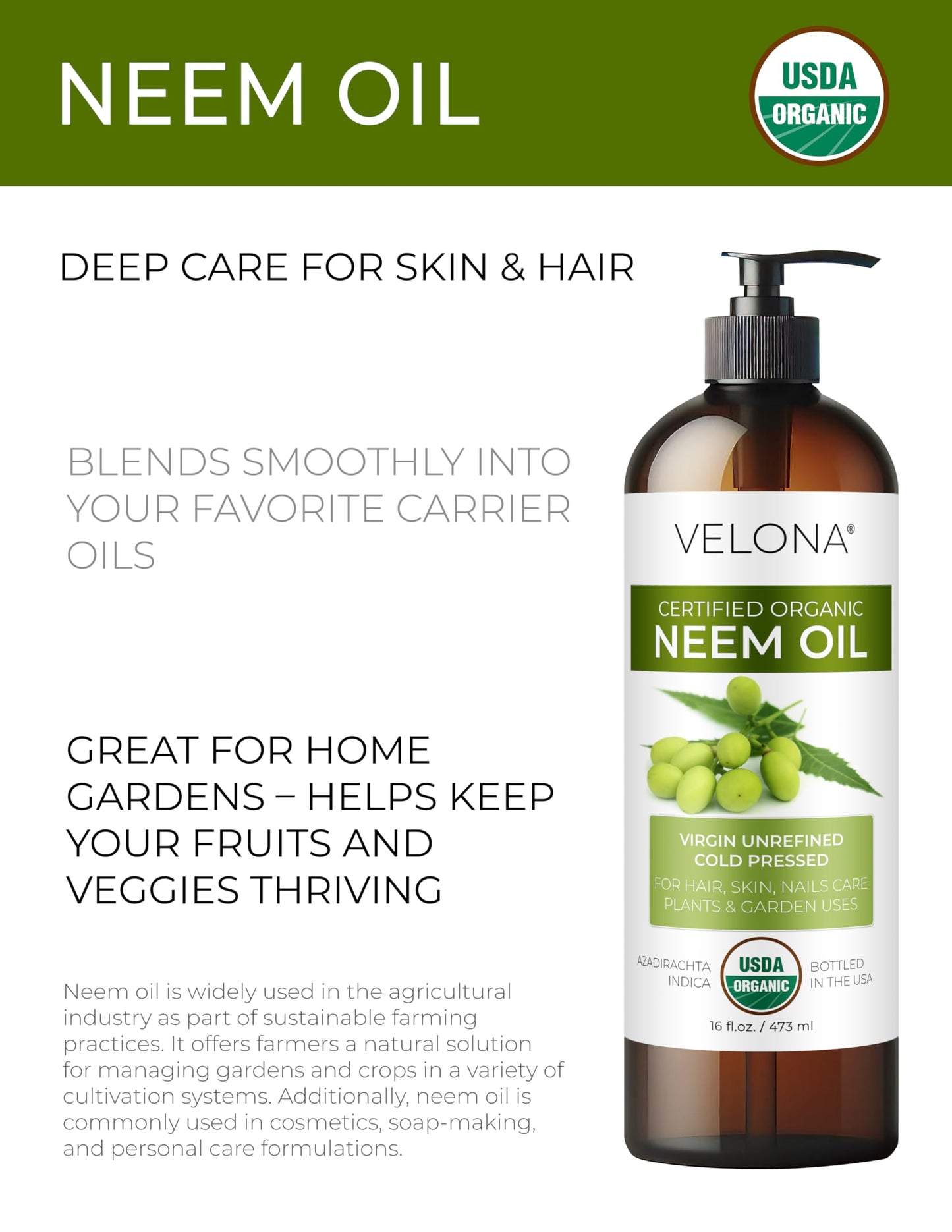 velona USDA Organic Neem Oil - 32 fl oz, Cold Pressed, with Pump
