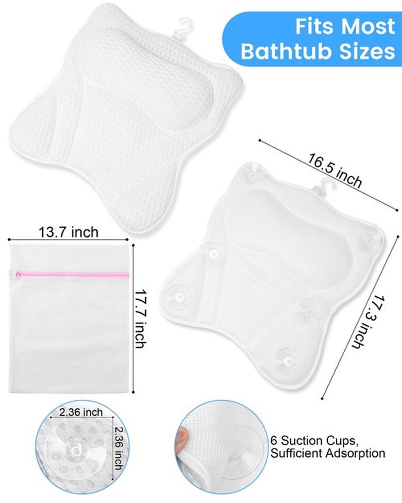 MTDLYICE Bath Pillow, Bath Pillows for Tub Neck and Back Support, Soft 4D Air Mesh Bathtub Pillow 16.5 x 17.3 INCH, with 6 Powerful Suction Cups, Bath Accessories Relaxing Gifts for Women (White)