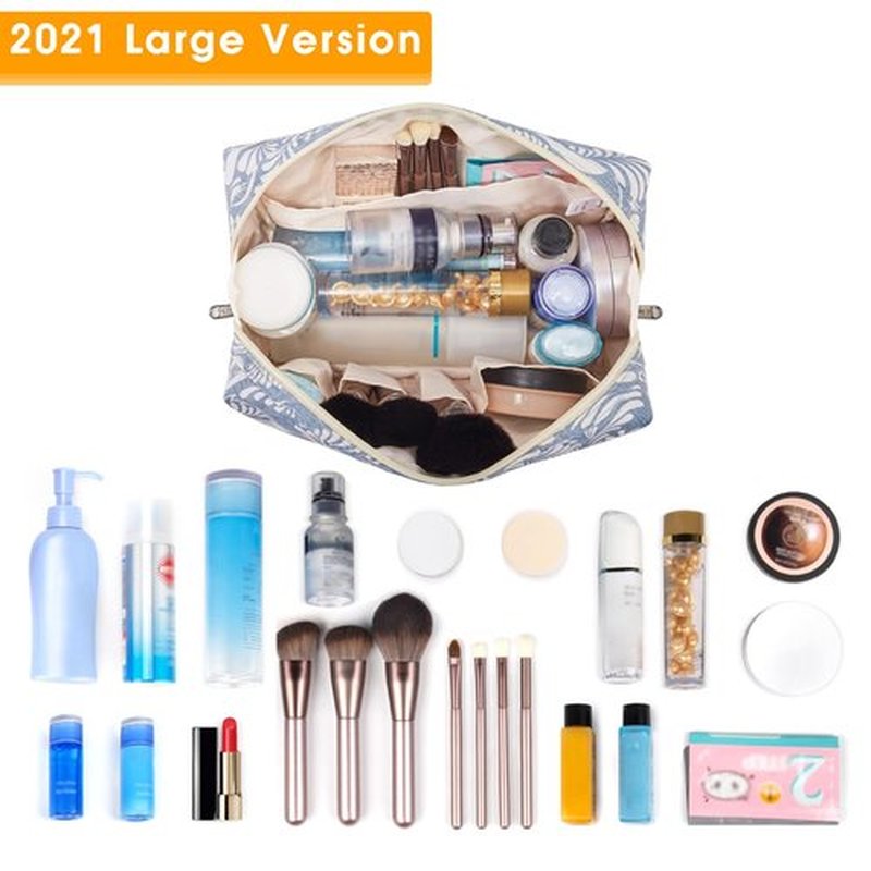Narwey Large Makeup Bag Zipper Pouch Travel Cosmetic Bag Organizer for Women (Large, Blue Leaf)