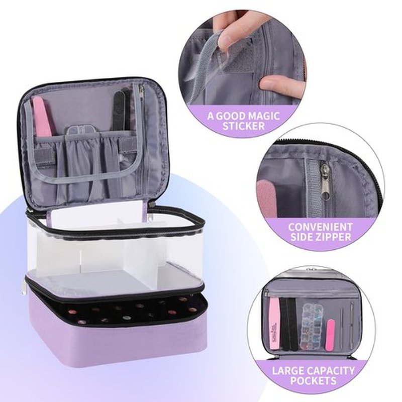 Clear Nail Polish Organizer Double layer Nail Polish Holds 30 Bottles and Nail Lamp, Nail Dryer Case Storage Supplies with Adjustable Dividers, Portable Nail Carrying Bag for Nail Tech (Purple)