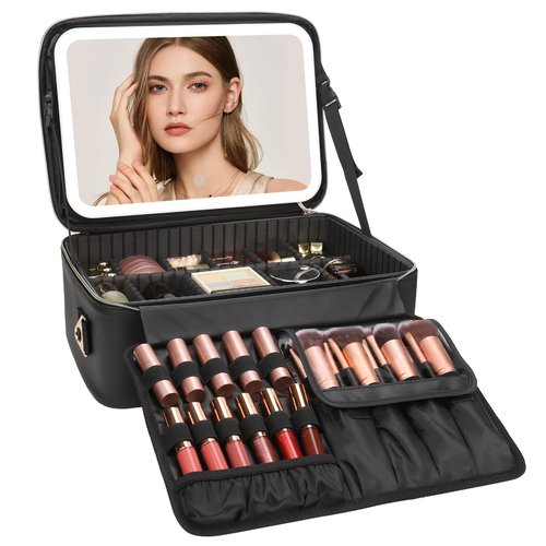 Relavel Makeup Bag with LED Mirror, 15 inches Large Makeup Case with Lighted Up Mirror Travel Cosmetic Train Case Organizer Vanity Case for Makeup Artists, 3 Color Lights & Adjustable Dividers (Black)