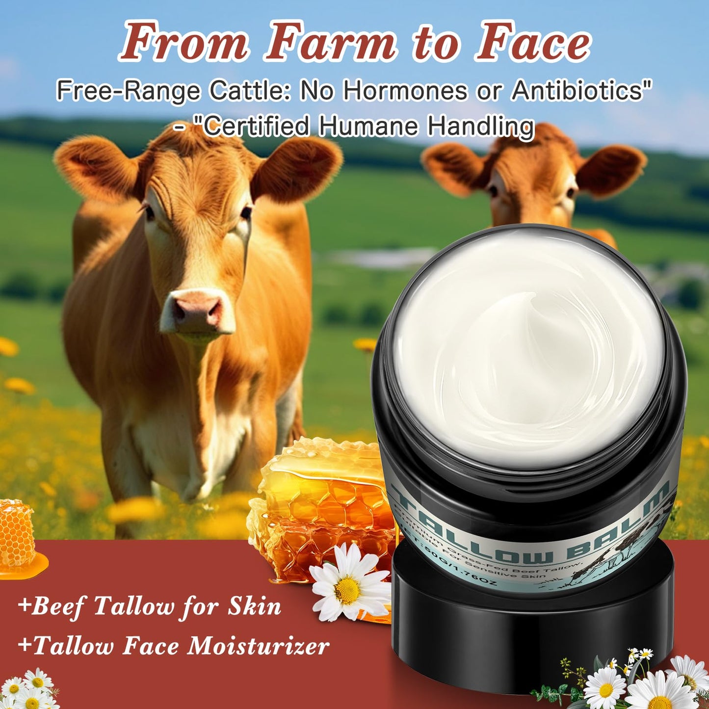 GDBadais Beef Tallow for Skin Grass Fed Tallow and Honey Balm Honey Balm Grass Fed Tallow Face Moisturizer for Sensitive Skin Anti-Aging & Dry Skin - Ancestral Skincare (50g)