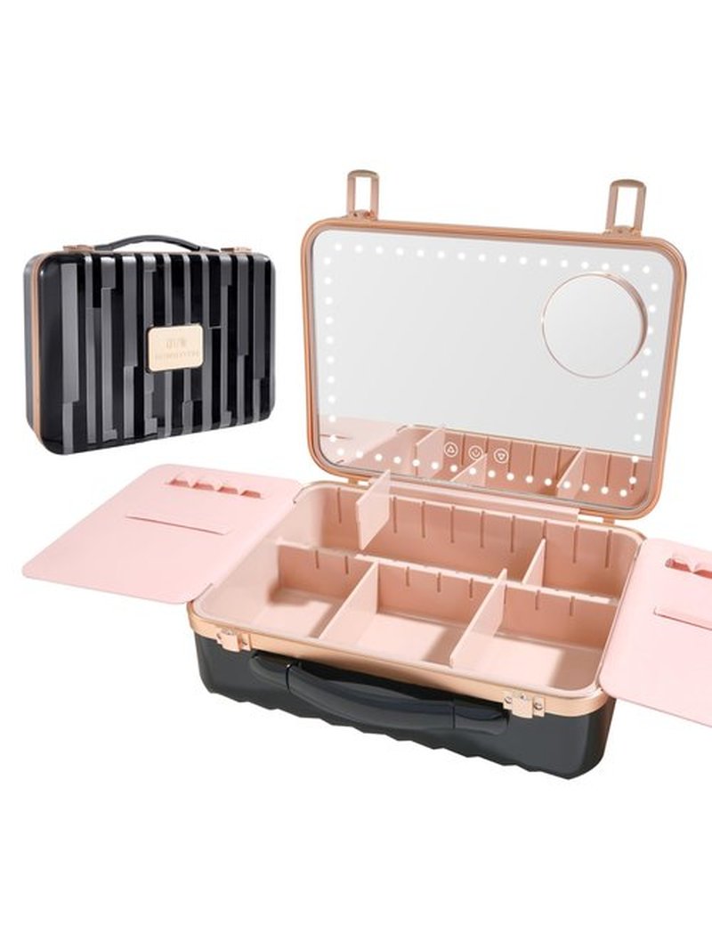 ROWNYEON Travel Makeup Case With Light Up Mirror Removable divider Portable Train Case Organizer Makeup Box for Girls Makeup Artist, Hairstylist Travel Makeup Case with 10x Mirror (Black)